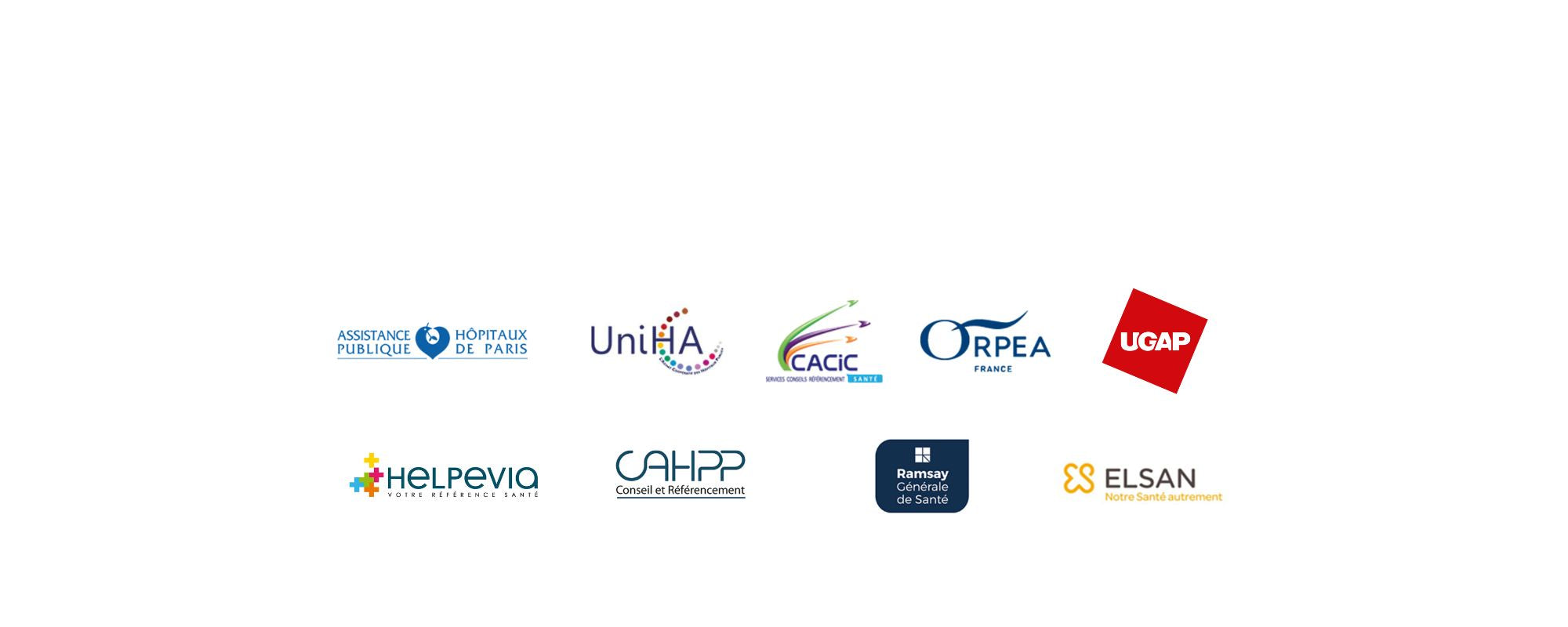 Logos de nos partenaires santé Assistance Publique Hôpitaux de Paris UniHA CACIC Santé ORPEA UGAP Helpevia CAHPP Ramsay Générale de Santé ELSAN